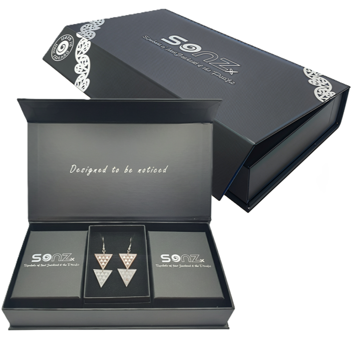 Product photo of SoNZ Premium Packaging featuring a magnetic presentation box with inner earring gift boxes and Tāniko Double earrings inside, displaying the tagline “Designed to be noticed.”