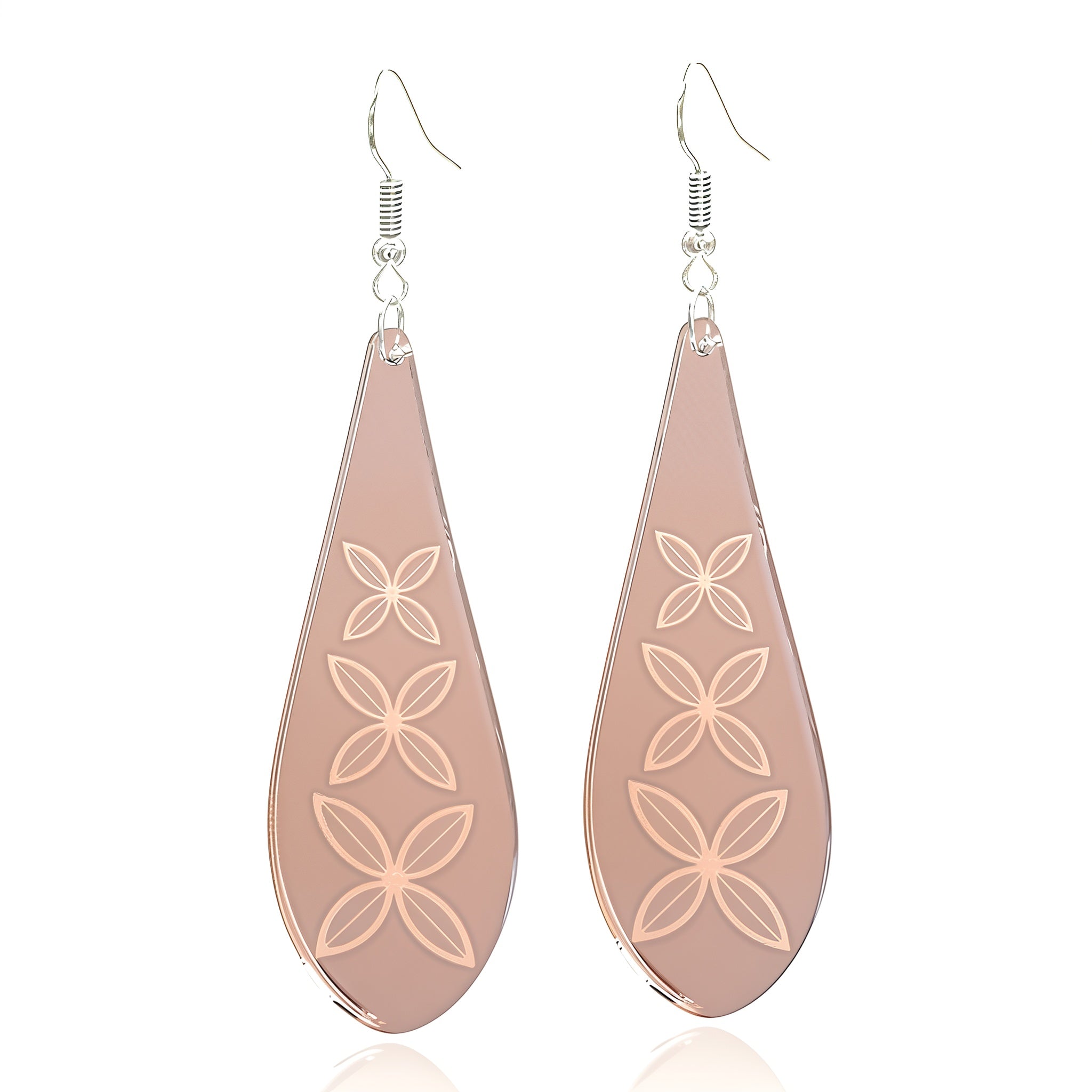 Frangipani Drop earrings, engraved petals in rose-gold mirror acrylic teardrops.