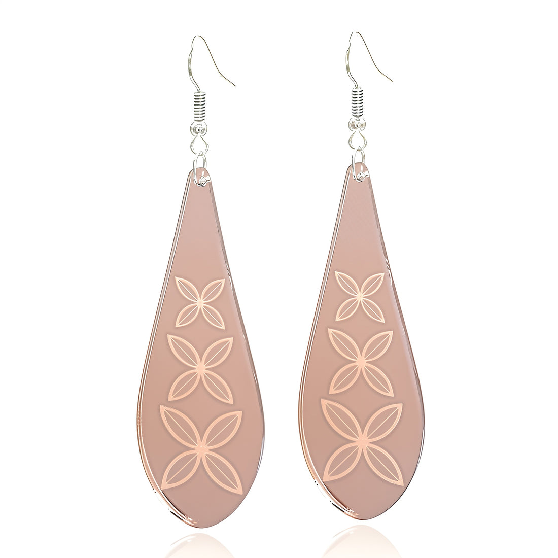 Frangipani Drop earrings, engraved petals in rose-gold mirror acrylic teardrops.