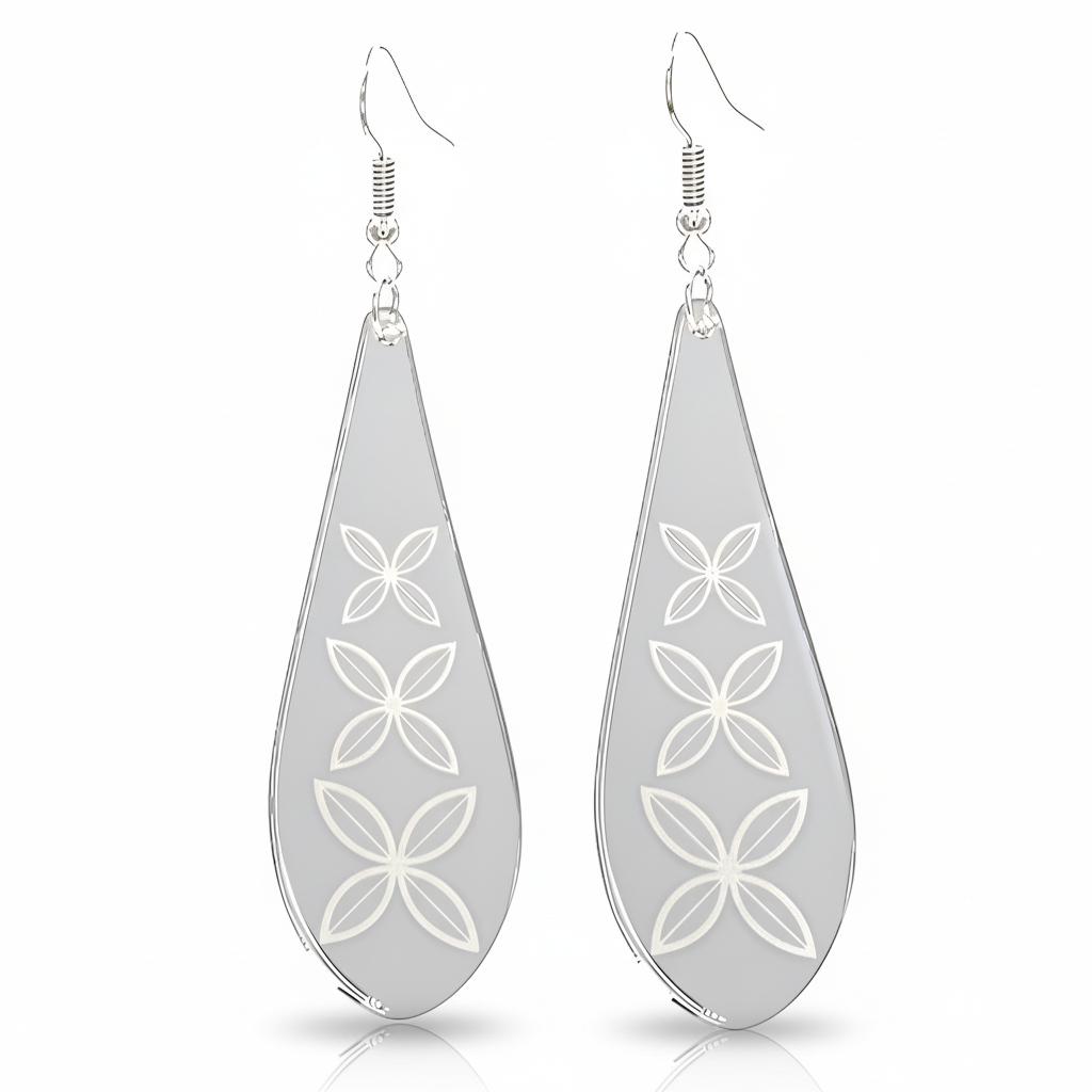 Frangipani Drop earrings, engraved petals in silver mirror acrylic teardrops.