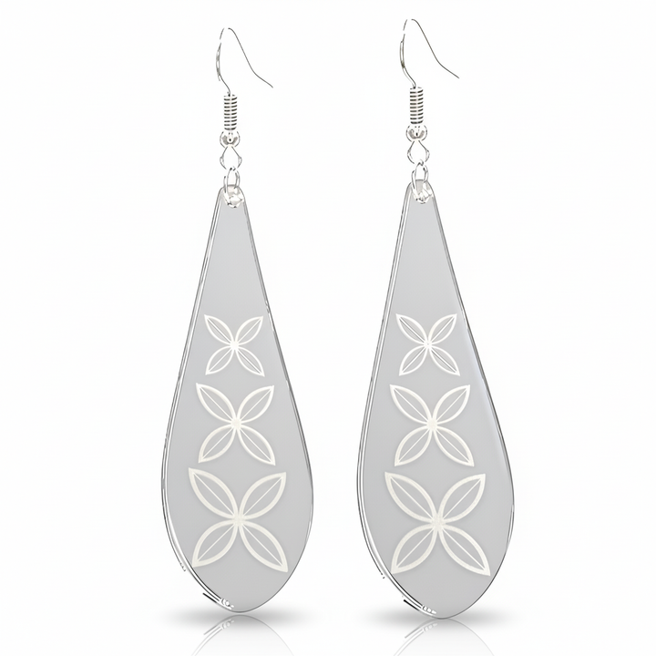 Frangipani Drop earrings, engraved petals in silver mirror acrylic teardrops.