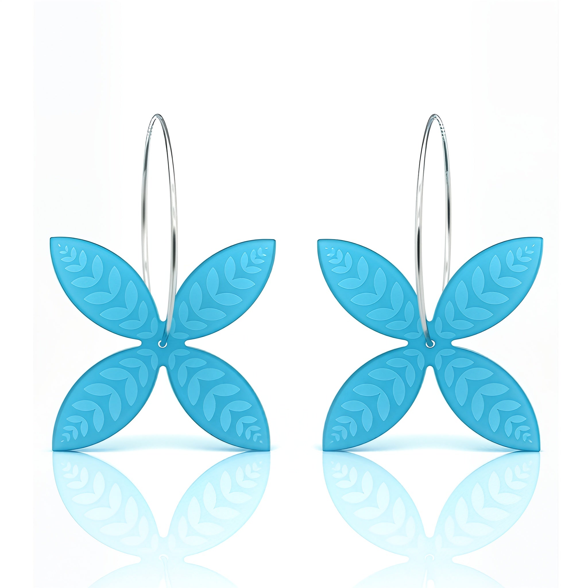 Frangipani Leaf hoop earrings, softly curved petals with leaf engraving in aqua acrylic.