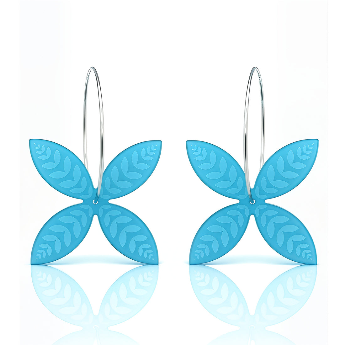 Frangipani Leaf hoop earrings, softly curved petals with leaf engraving in aqua acrylic.