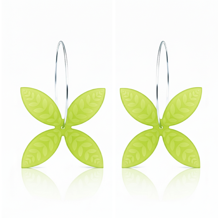Frangipani Leaf hoop earrings, softly curved petals with leaf engraving in green acrylic.