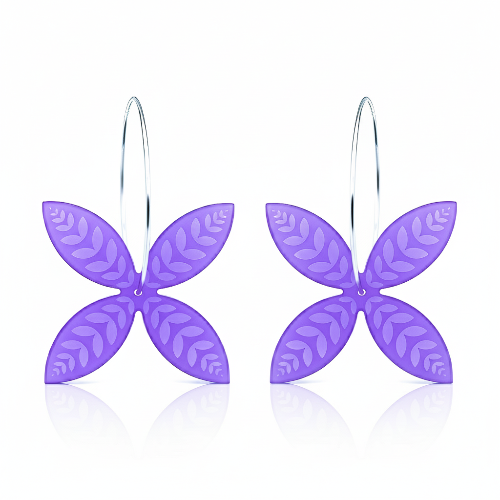 Frangipani Leaf hoop earrings, softly curved petals with leaf engraving in purple acrylic.
