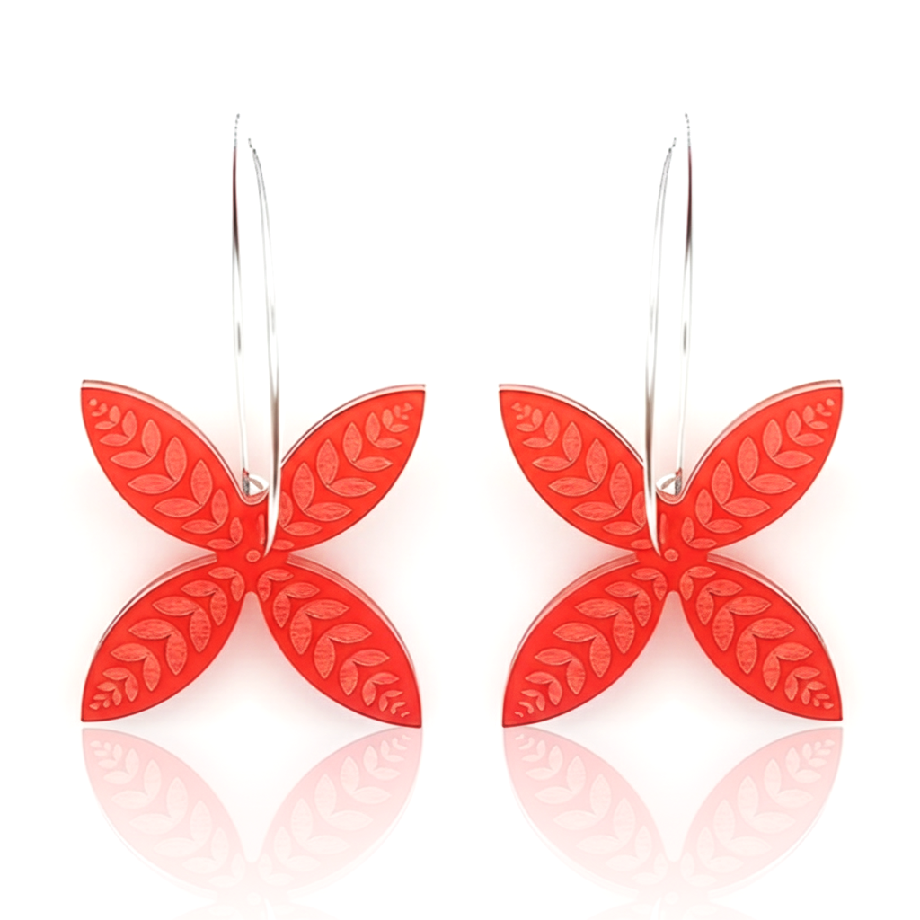 Frangipani Leaf hoop earrings, softly curved petals with leaf engraving in red acrylic.