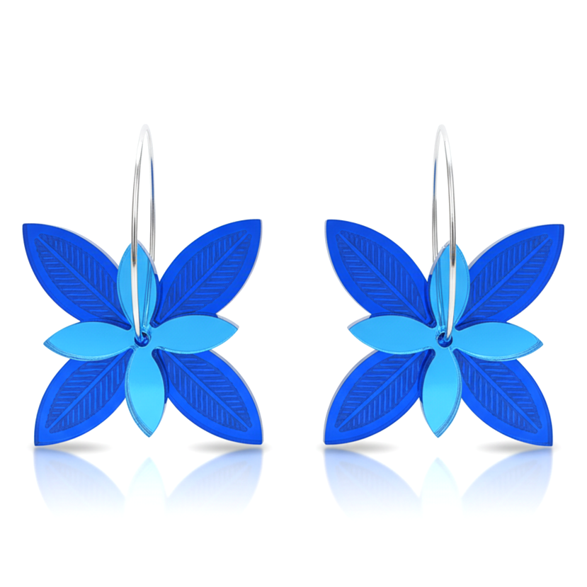 Frangipani Lines Spinner earrings, layered blooms; light blue on royal blue mirror acrylic on hoops.