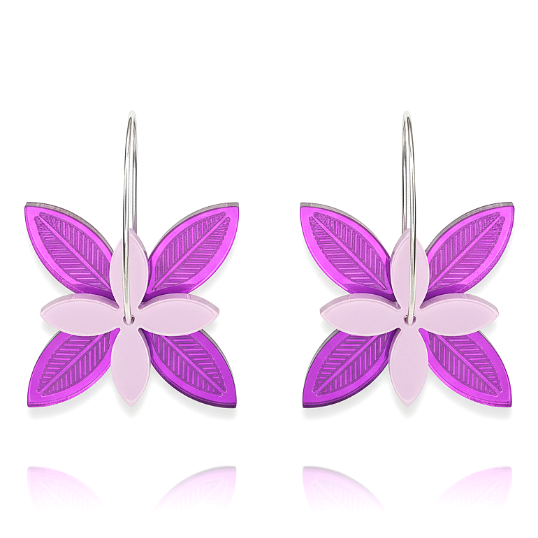Frangipani Lines Spinner earrings, layered frangipani blooms with engraved lines; purple on fuchsia acrylic on hoops.