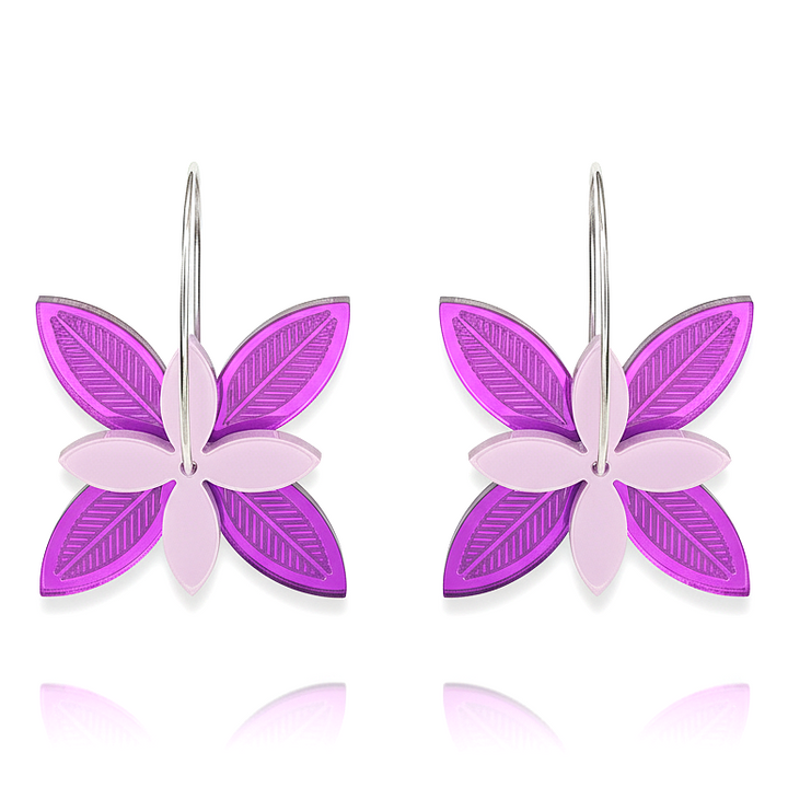 Frangipani Lines Spinner earrings, layered frangipani blooms with engraved lines; purple on fuchsia acrylic on hoops.