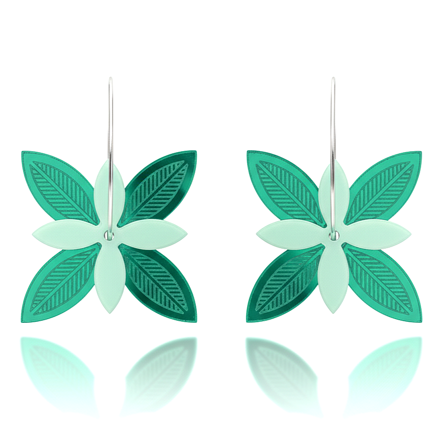 Frangipani Lines Spinner earrings, two pairs on hoops in dark green and mint acrylic.