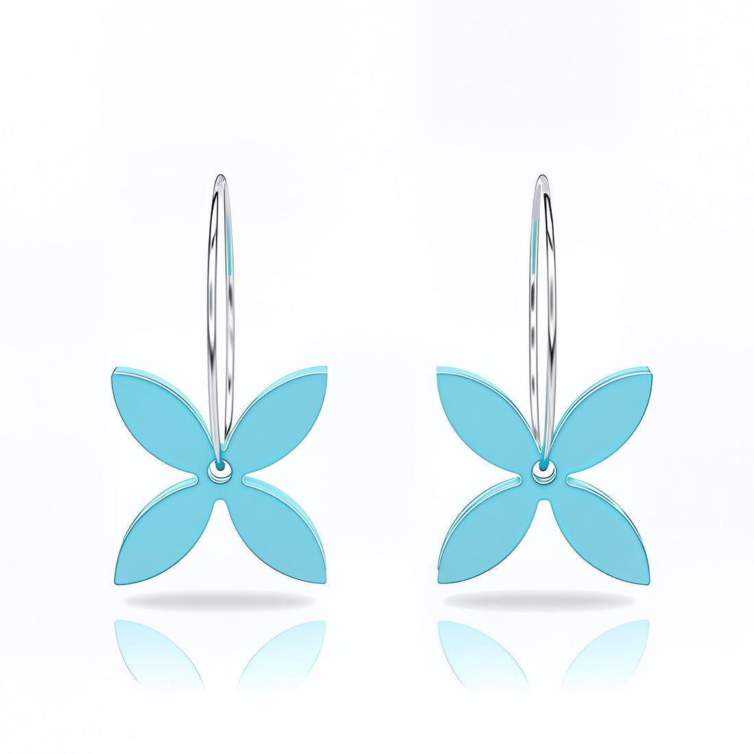 Frangipani Small hoop earrings, sculpted four-petal in aqua acrylic.