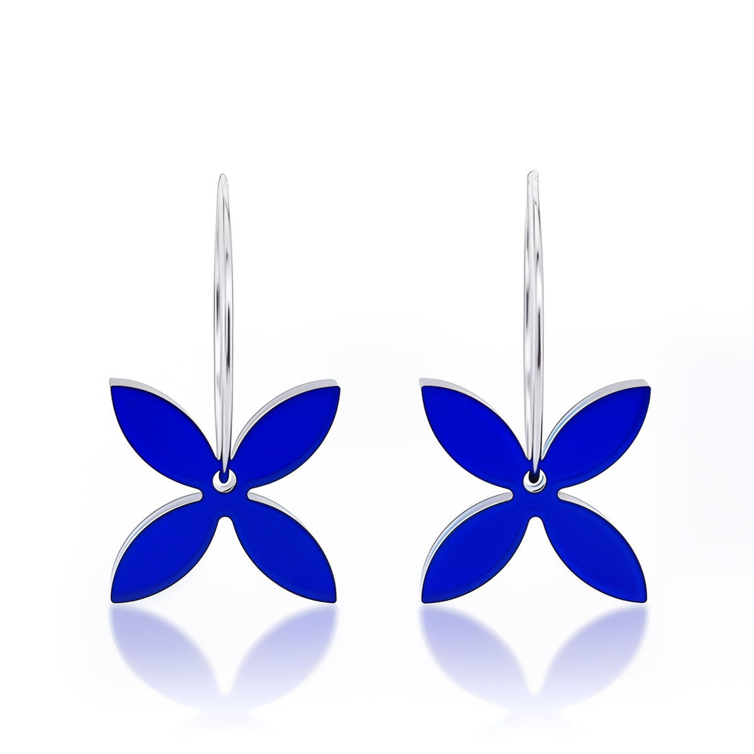 Frangipani Small hoop earrings, sculpted four-petal in blue acrylic.