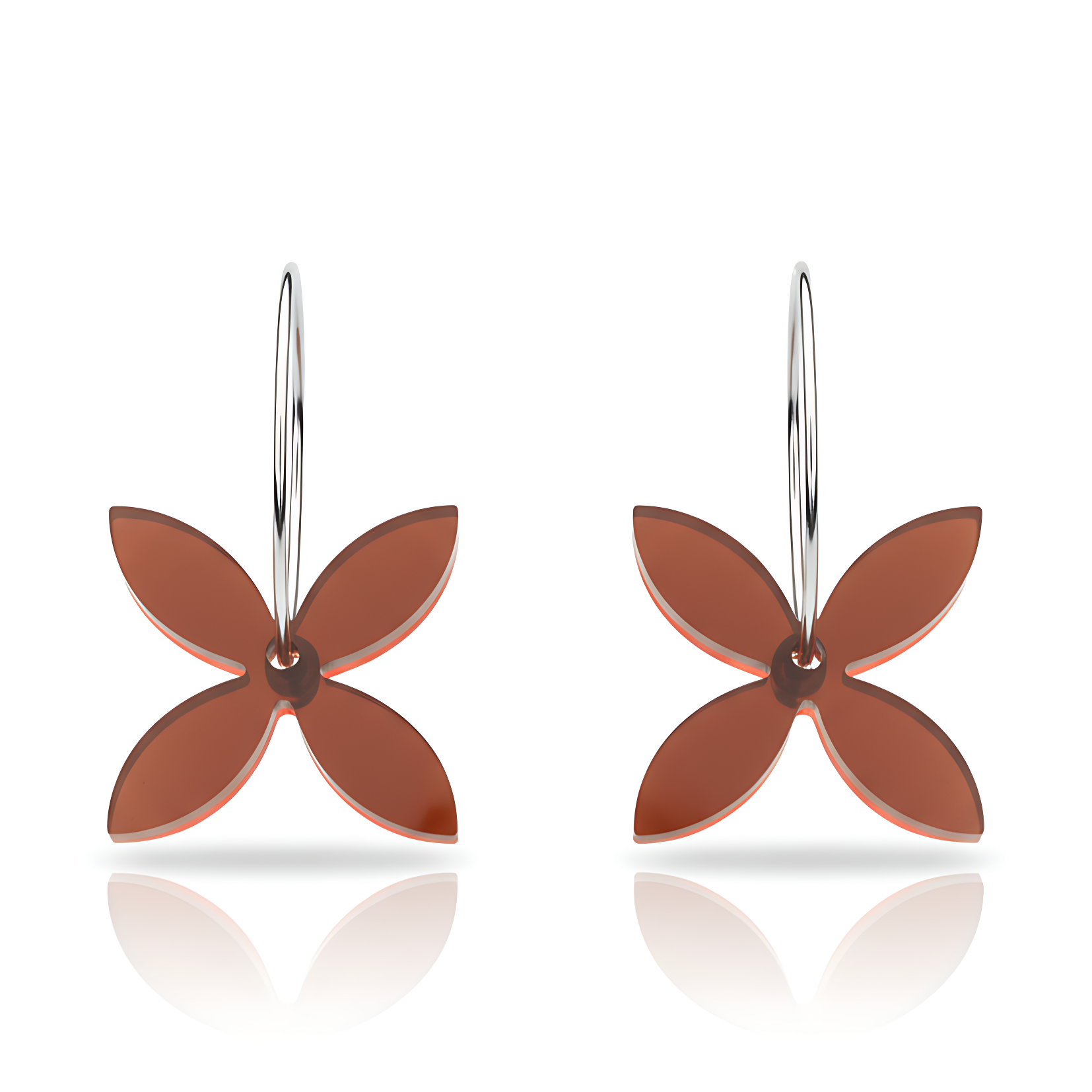 Frangipani Small hoop earrings, sculpted four-petal in cherry acrylic.