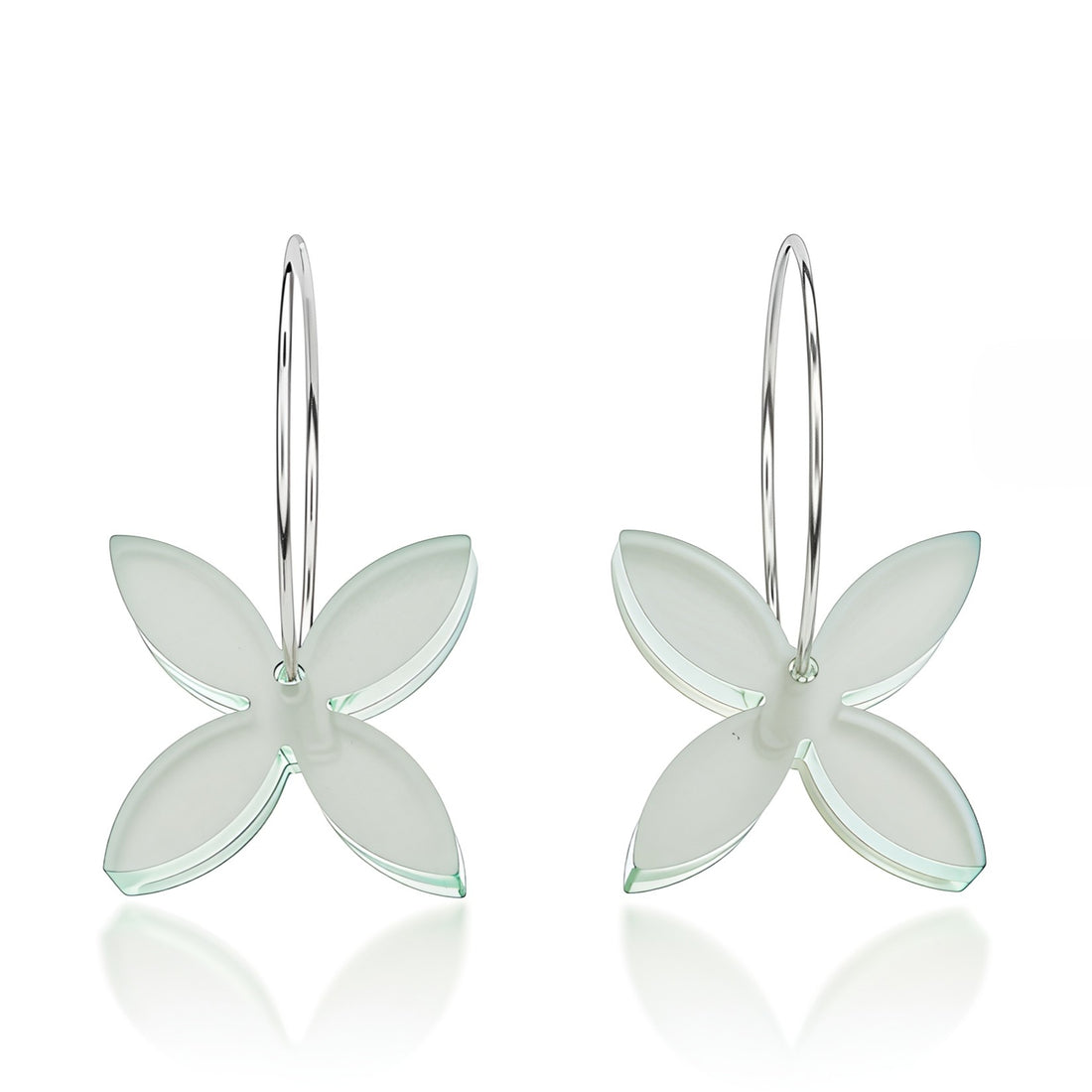 Frangipani Small hoop earrings, sculpted four-petal in glass-edged acrylic.