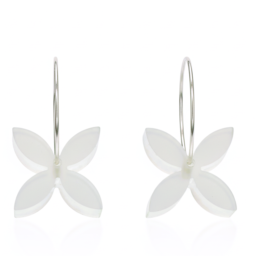 Frangipani Small hoop earrings, sculpted four-petal in opal acrylic.
