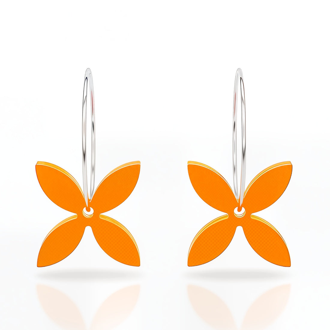 Frangipani Small hoop earrings, sculpted four-petal in orange acrylic.
