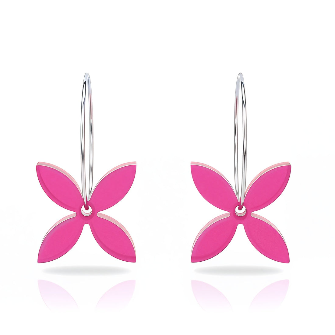 Frangipani Small hoop earrings, sculpted four-petal in pink acrylic.