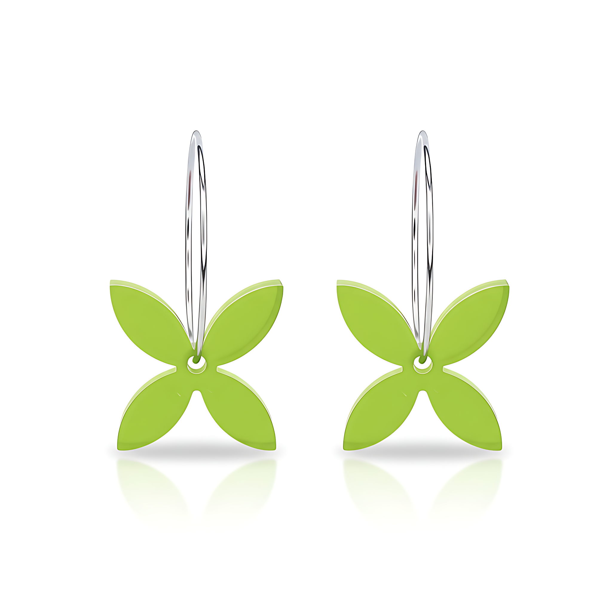 Frangipani Small hoop earrings, sculpted four-petal in green acrylic.