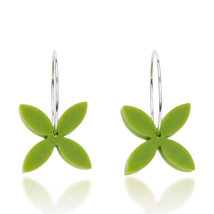 Frangipani Small hoop earrings, sculpted four-petal in pounamu-tone acrylic.