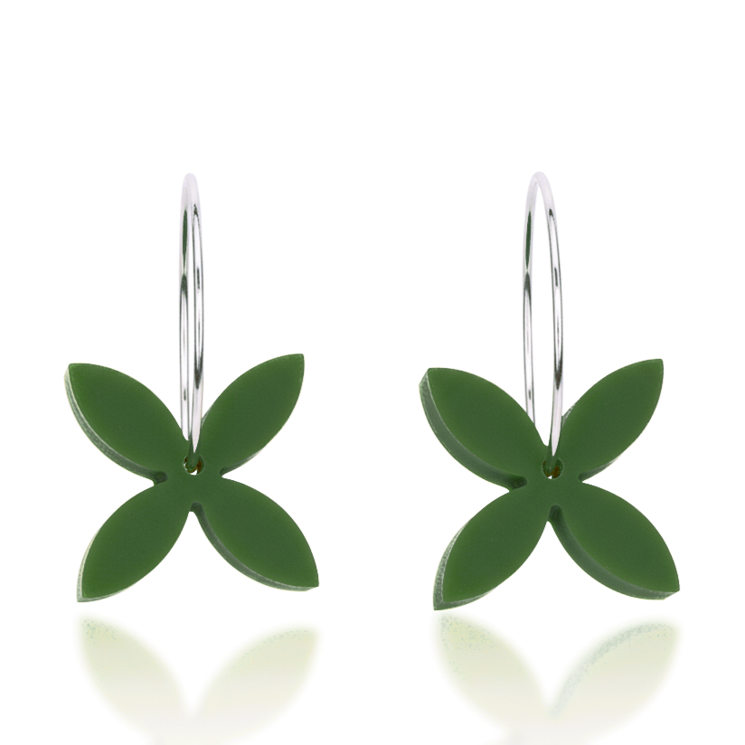 Frangipani Small hoop earrings, sculpted four-petal in Pounamu Satin Acrylic.