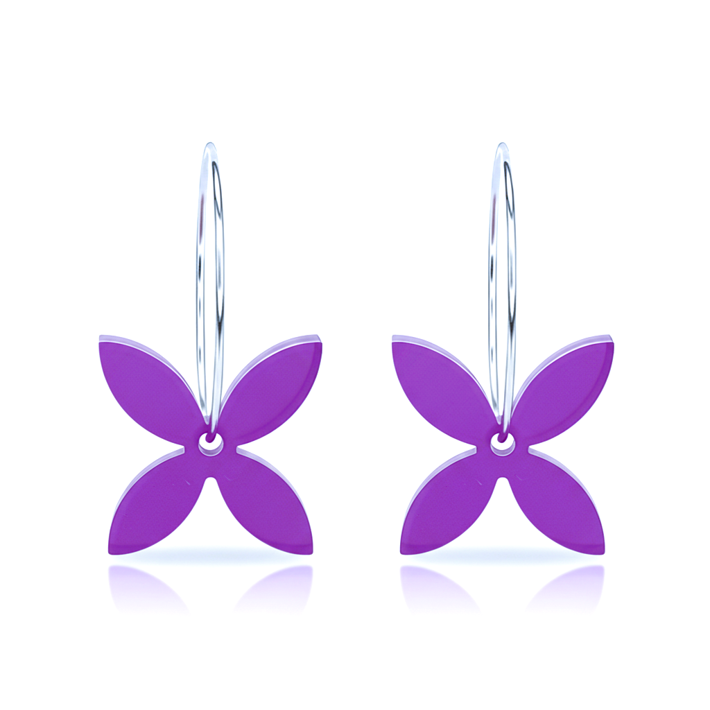 Frangipani Small hoop earrings, sculpted four-petal in purple acrylic.