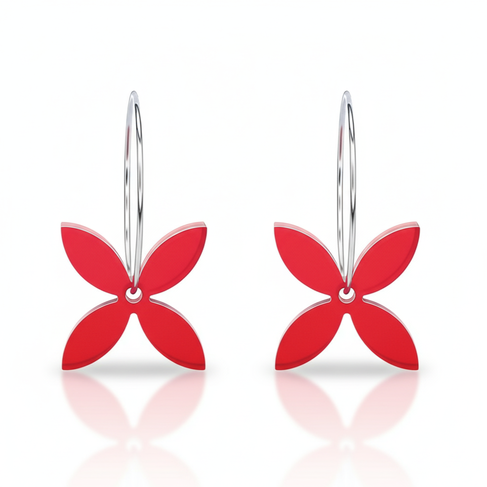 Frangipani Small hoop earrings, sculpted four-petal in red acrylic.