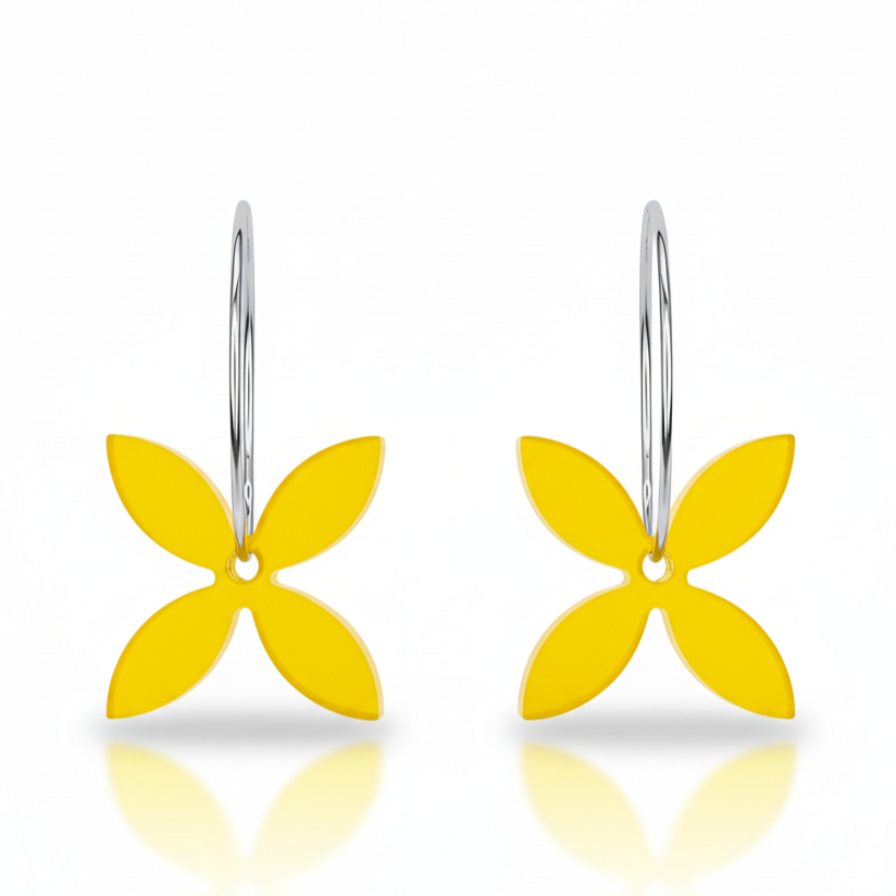 Frangipani Small hoop earrings, sculpted four-petal in yellow acrylic.