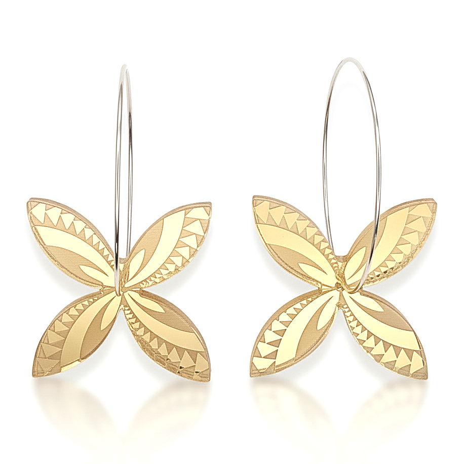 Frangipani Swirl hoop earrings, four-petal with engraved lines in gold mirror acrylic.
