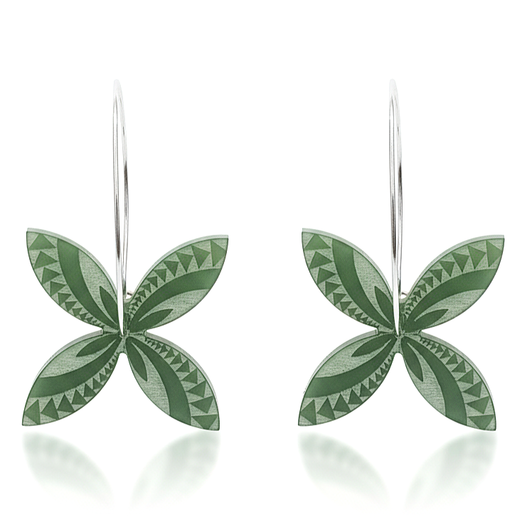 Frangipani Swirl hoop earrings, four-petal with engraved lines in pounamu-tone acrylic.