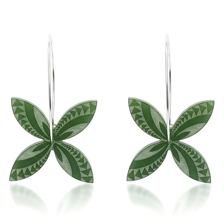 Pair of Frangipani Swirl hoop earrings in fern-green Pounamu Satin Acrylic, each with four engraved petals and a silver-coloured hoop.