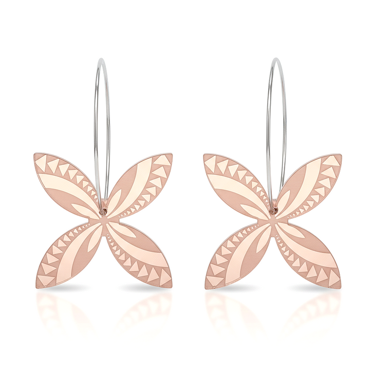 Frangipani Swirl hoop earrings, four-petal with engraved lines in rose-gold mirror acrylic.