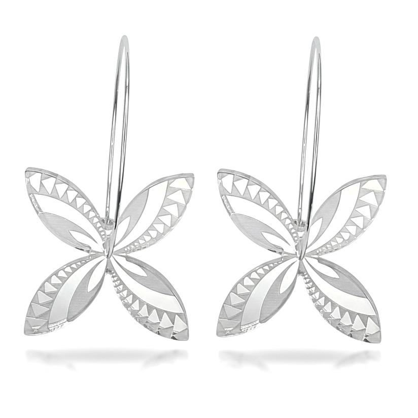 Frangipani Swirl hoop earrings, four-petal with engraved lines in ssilver mirror acrylic.