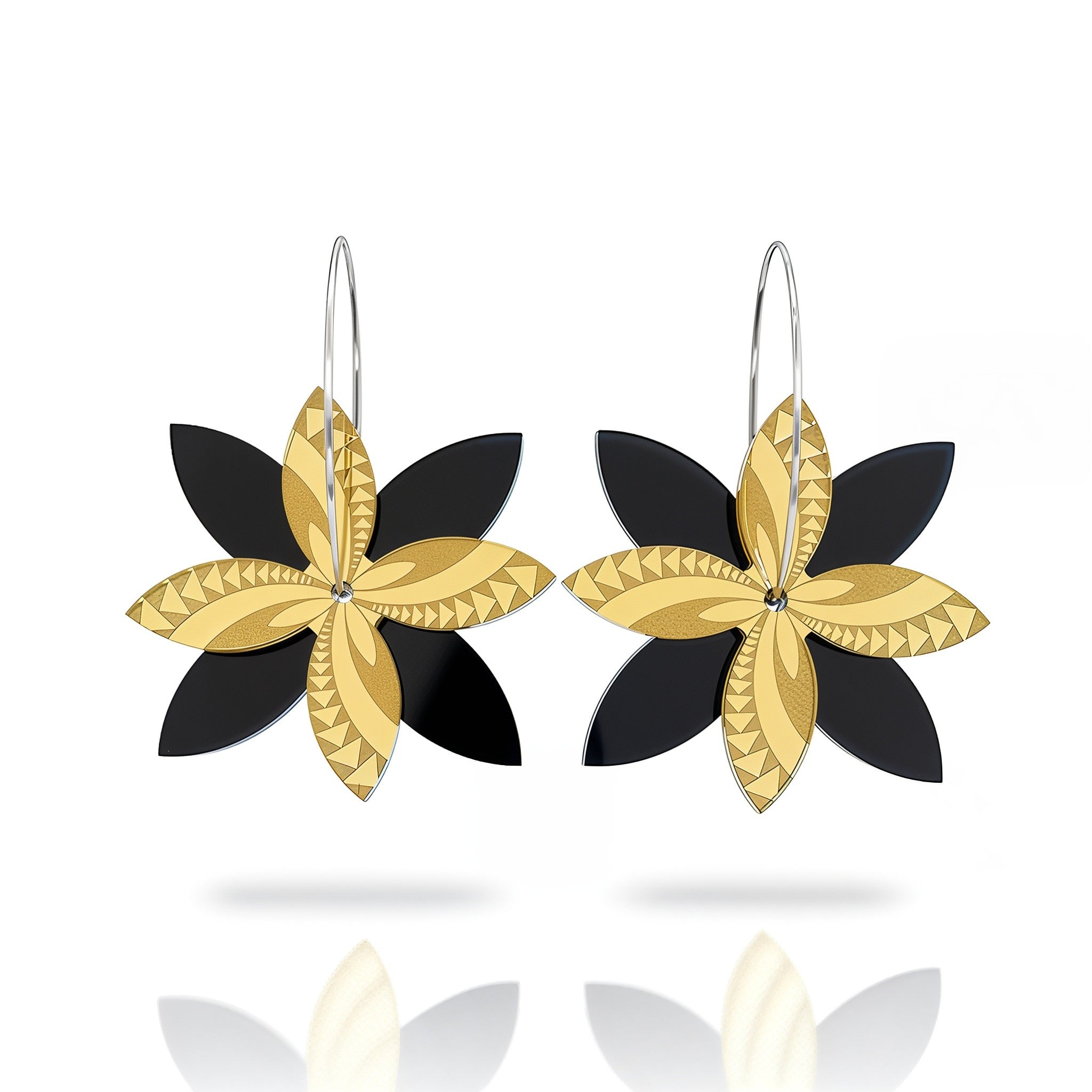 Frangipani Swirl Spinner earrings, layered blooms in gold mirror acrylic with black acrylic petals on hoops.