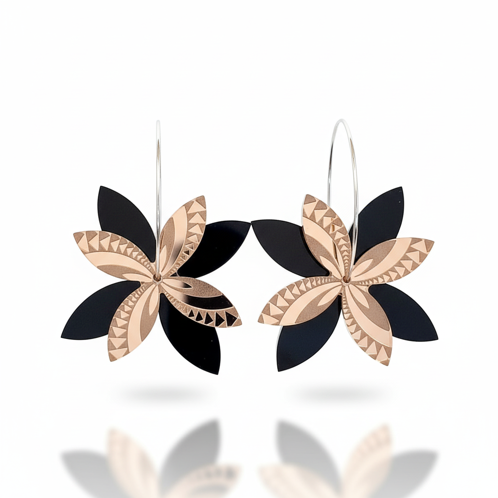 Frangipani Swirl Spinner earrings, layered blooms in rose-gold mirror acrylic with black acrylic petals on hoops.