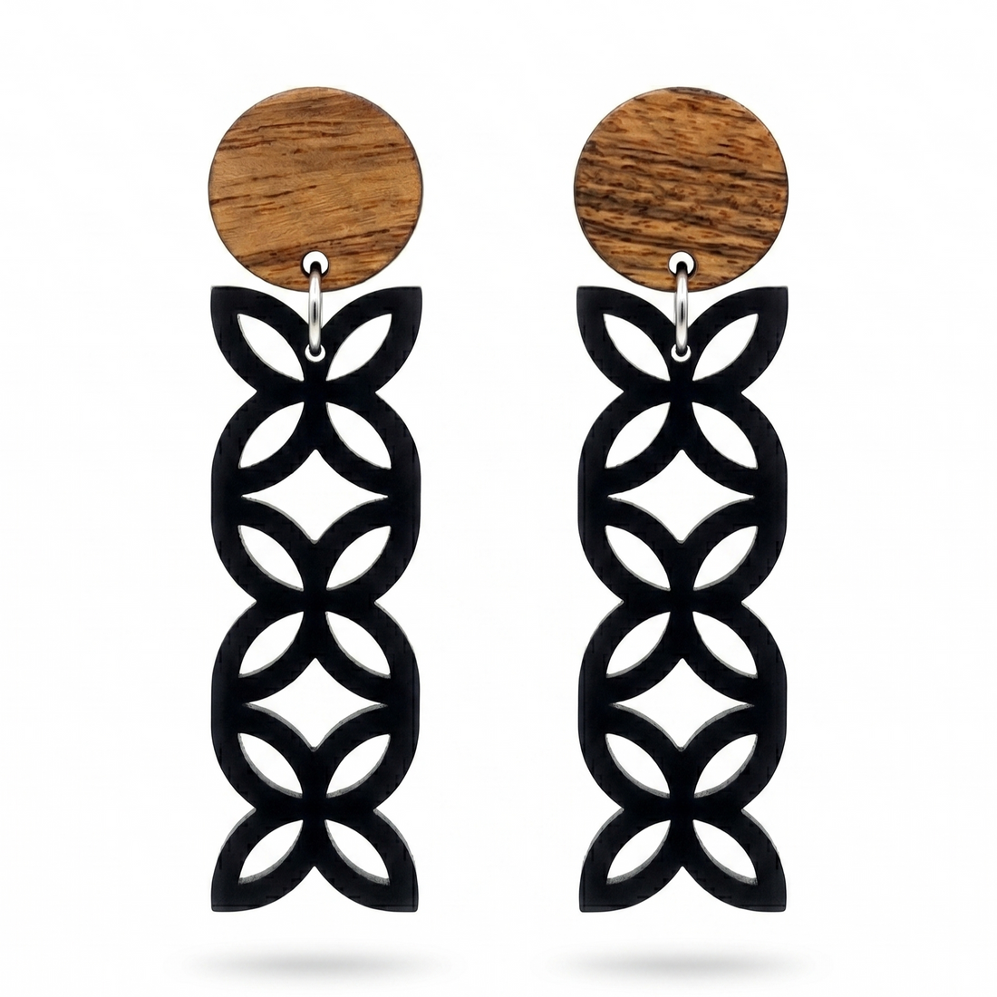 Frangipani Triple Wood Studs, natural wood stud above a black acrylic column of three frangipani flowers.