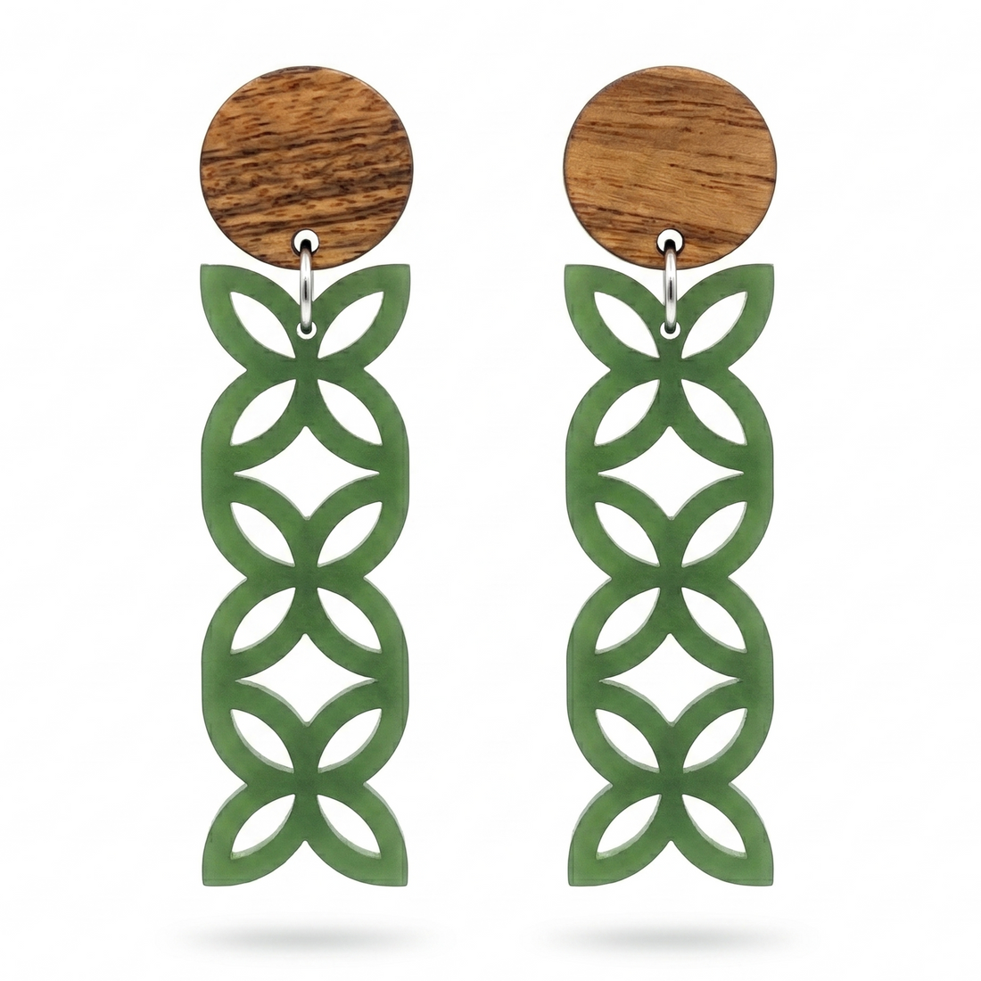Frangipani Triple Wood Studs, natural wood stud above a pounamu satin column of three frangipani flowers.