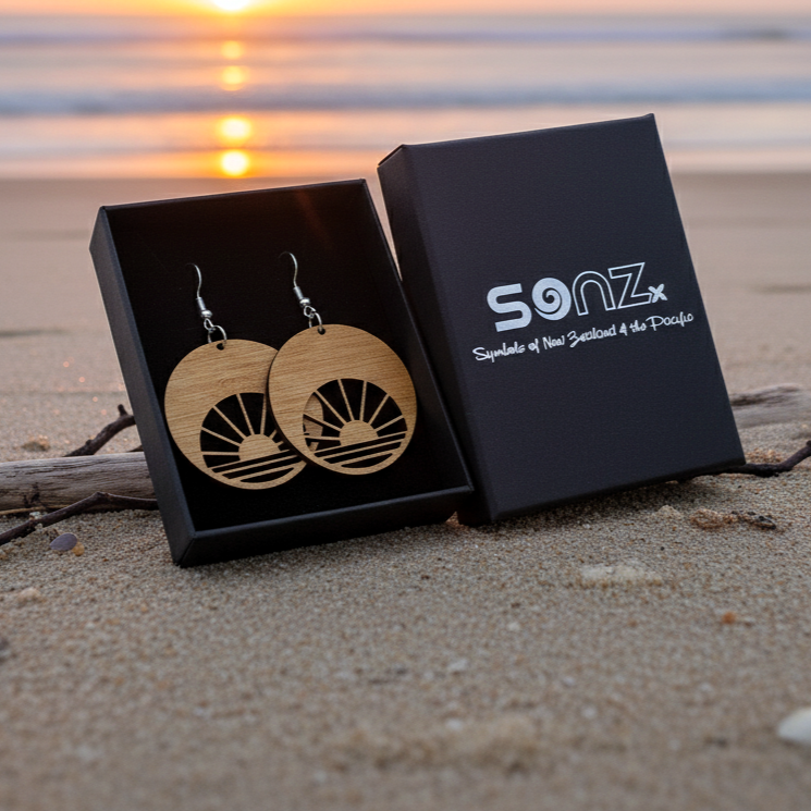 Lifestyle photo of Hugo’s Sunrise wooden earrings in a SoNZ gift box, displayed on sand with seashells at the water’s edge during a golden sunset.