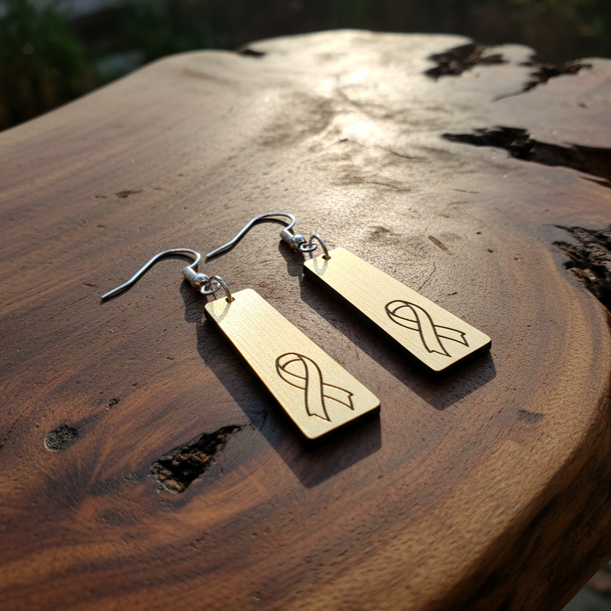 Lifestyle photo of Hugo’s Ribbon Bar earrings featuring engraved gold awareness ribbons on brushed gold acrylic, photographed on a natural wood surface in warm sunlight.
