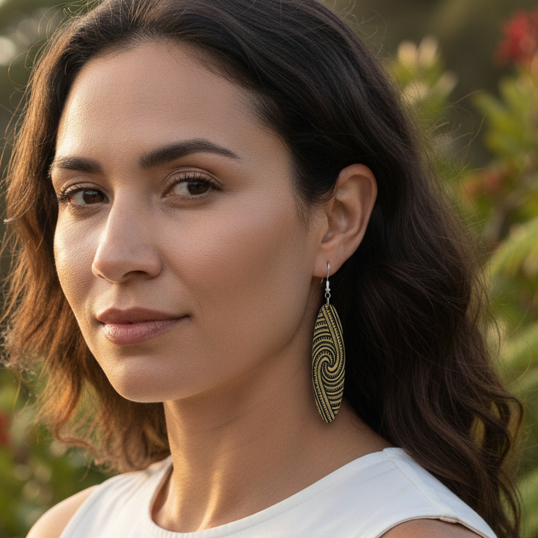 Kapa Rua earrings worn by model outdoors; brushed gold metallic elongated ovals with engraved lines.