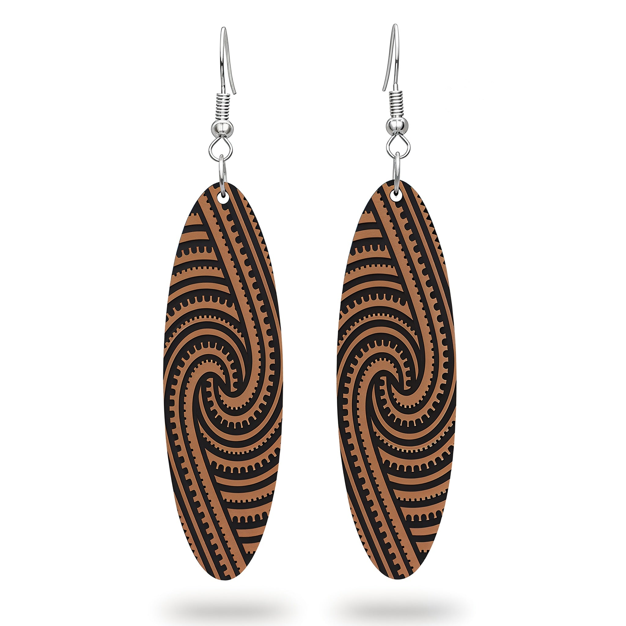 Kapa Rua earrings, elongated oval with flowing symmetrical engraving in brushed copper metallic.