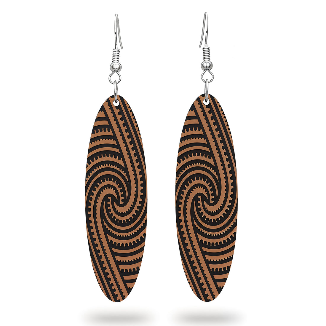 Kapa Rua earrings, elongated oval with flowing symmetrical engraving in brushed copper metallic.