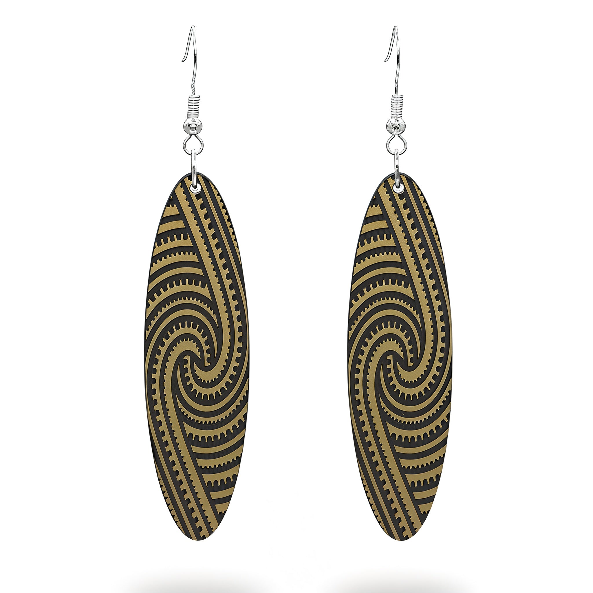 Kapa Rua earrings, elongated oval with flowing symmetrical engraving in brushed gold metallic.