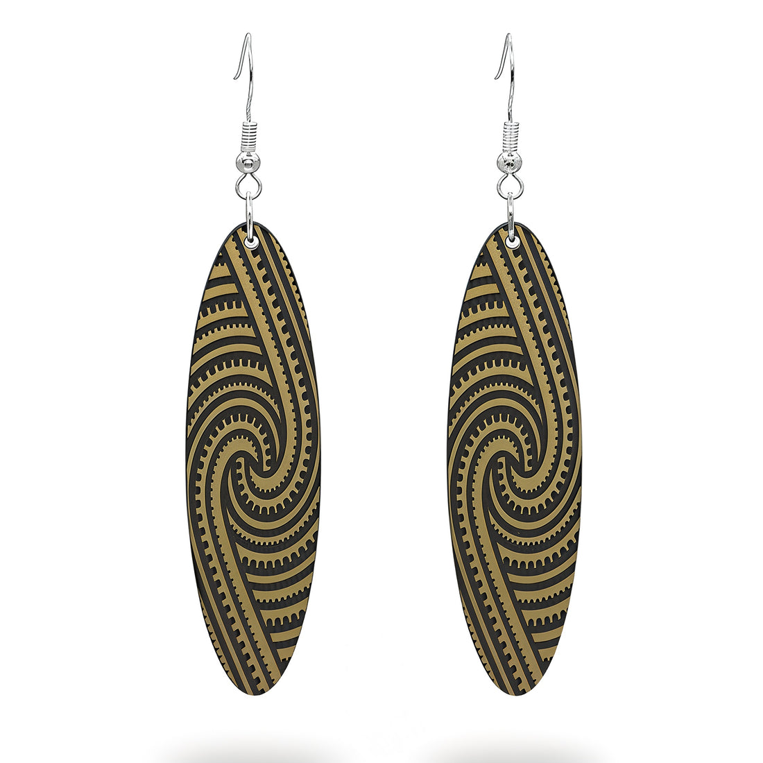 Kapa Rua earrings, elongated oval with flowing symmetrical engraving in brushed gold metallic.