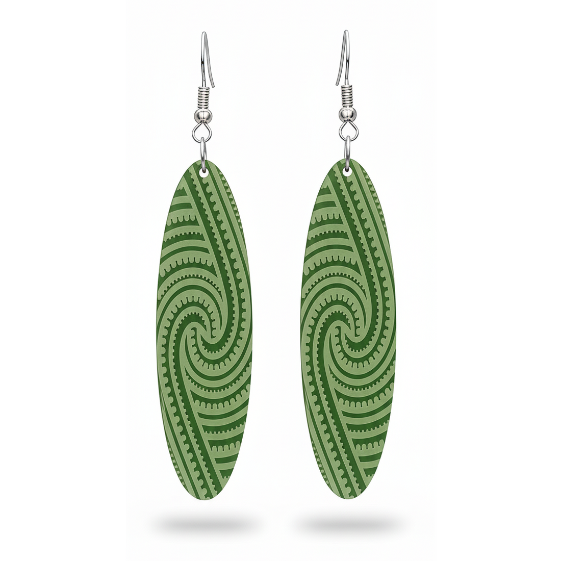 Kapa Rua earrings, elongated oval with flowing symmetrical engraving in pounamu satin acrylic.