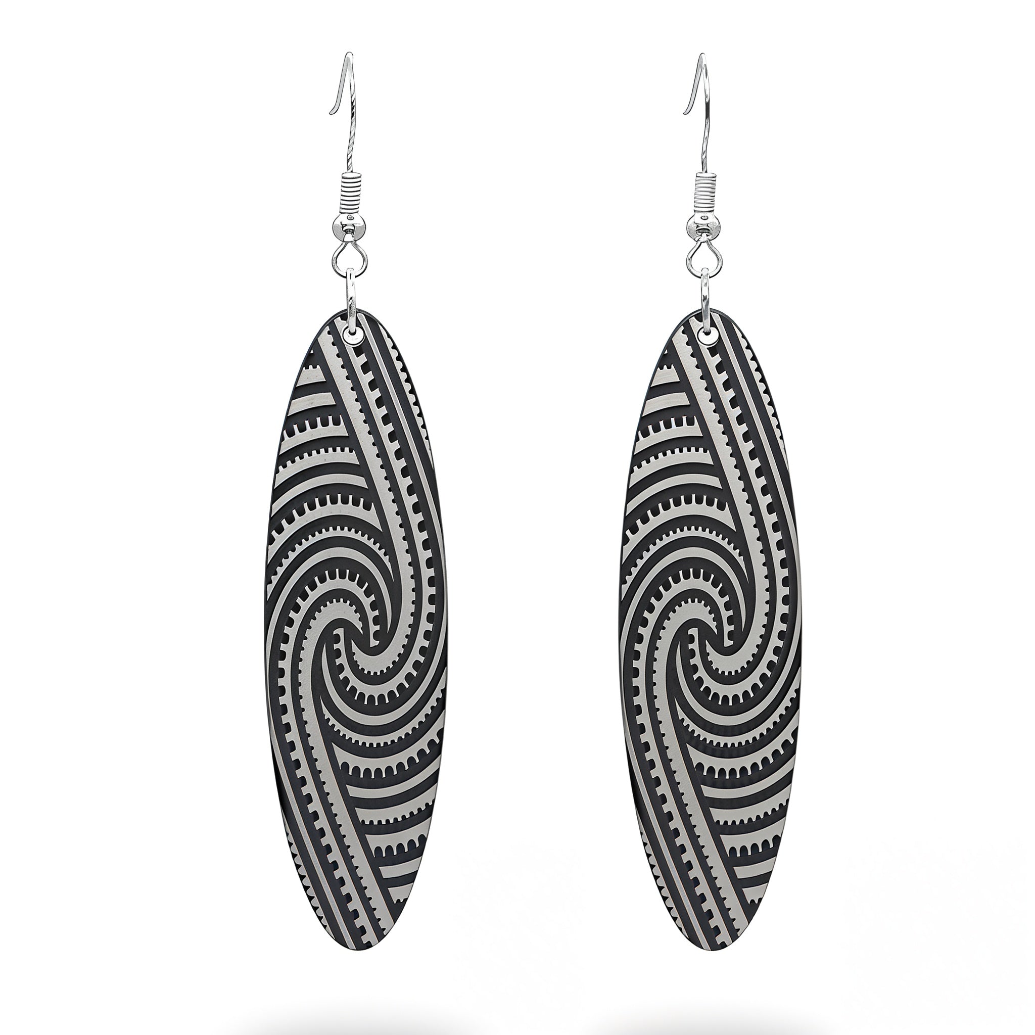 Kapa Rua earrings, elongated oval with flowing symmetrical engraving in brushed silver metallic.