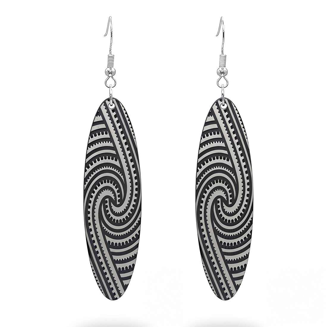Kapa Rua earrings, elongated oval with flowing symmetrical engraving in brushed silver metallic.