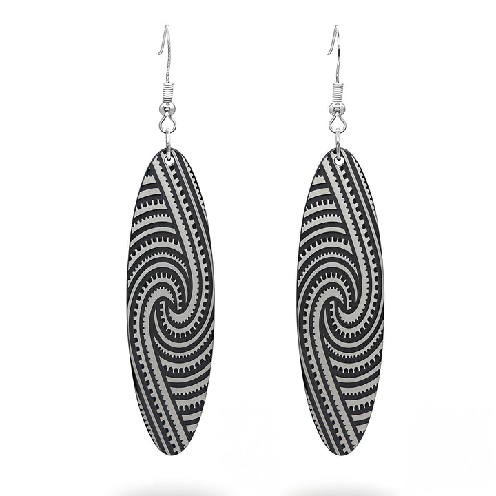 Kapa Rua earrings, elongated oval with flowing symmetrical engraving in brushed silver metallic.