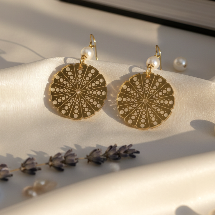 Kina Pearl earrings on silk; gold mirror acrylic discs with freshwater pearl links.