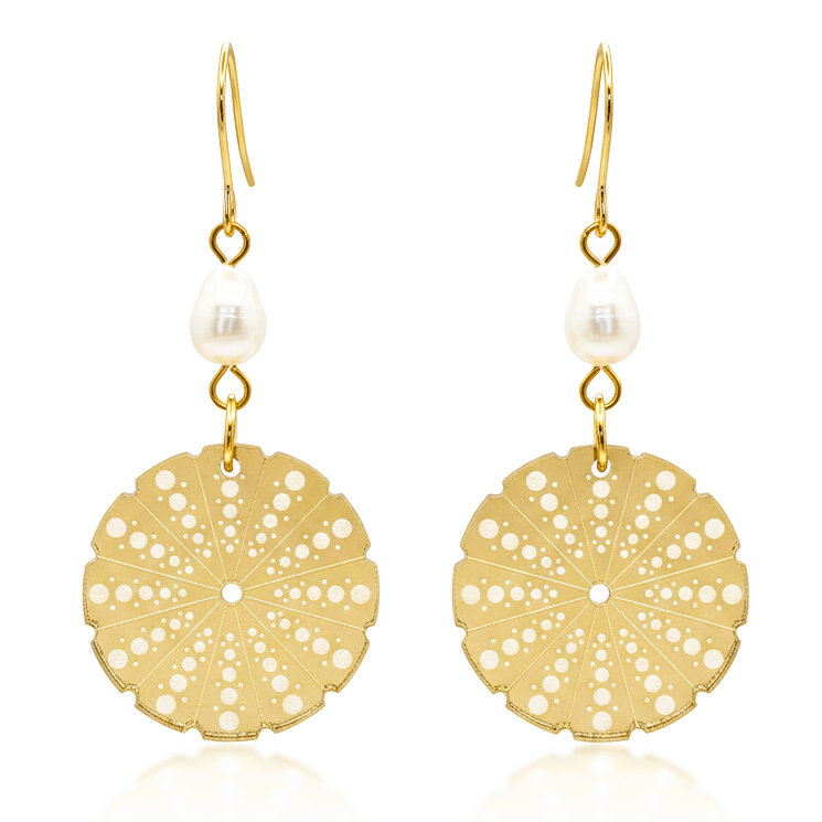 Kina Pearl earrings with a kina-inspired disc in gold mirror acrylic and a natural freshwater pearl link.