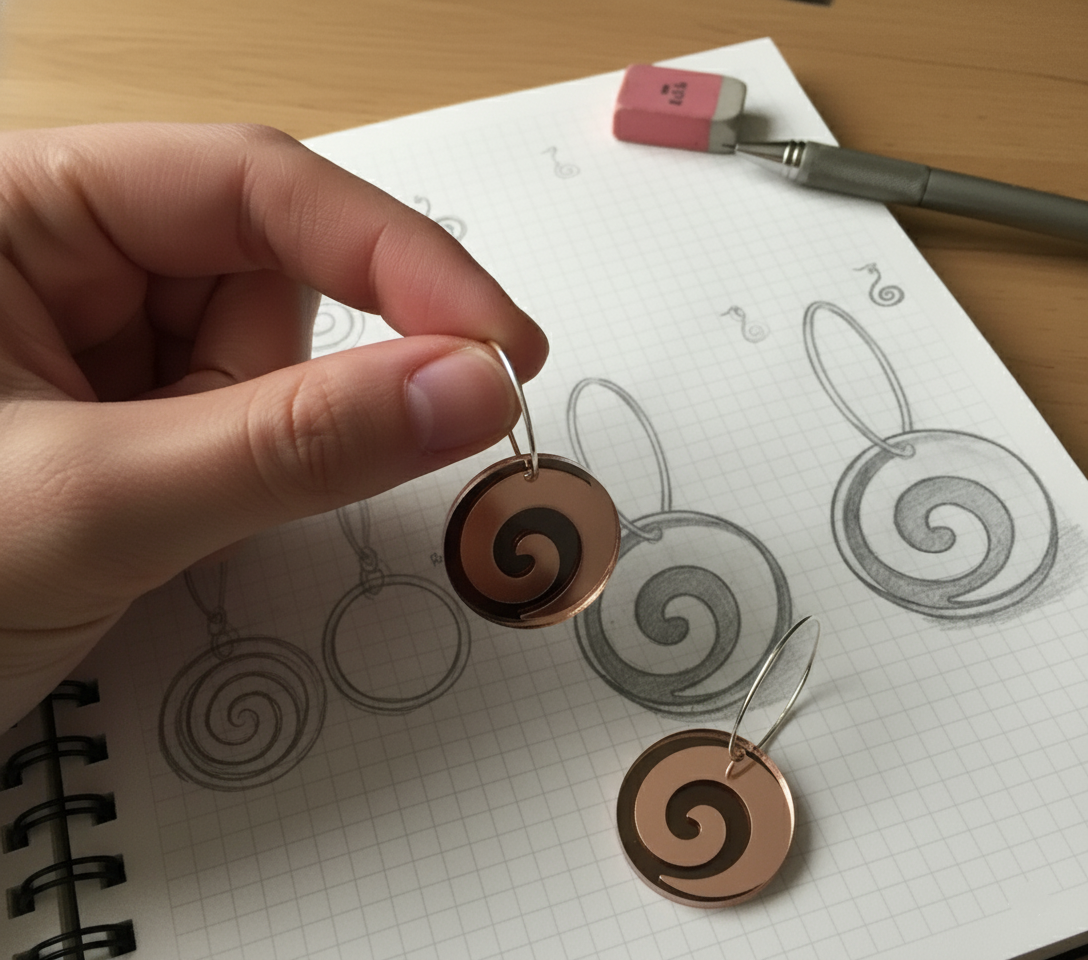 ChatGPT said:

Lifestyle photo of Koru Engraved rose-gold mirror earrings with spiral koru design, shown in an artist’s hand above a sketchbook of earring design drawings.